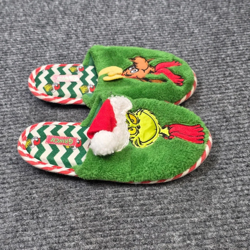 Dr Seuss The Grinch Faux Fur Slippers Youth Size 13-1 Green Max Dog Holiday